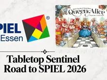 "Queen Alice" comic cover with chess-themed characters at a banquet, colorful logo, and text "Tabletop Sentinel Road to SPIEL 2026"