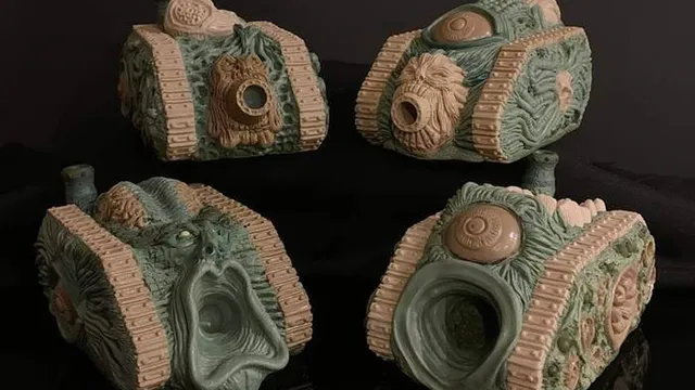 A collection of four unique, grotesque tank models designed for a Chaos army, showcasing a variety of disturbing features such as orifices, boils, and eyeballs. The tanks are sculpted in a mix of green and beige materials, with intricate details on their surfaces, including textured tracks and organic shapes. Each model has a distinct design, emphasizing a visceral aesthetic that aligns with the themes of Chaos in the 41st Millennium.