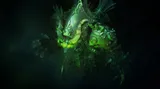 A towering 80mm warjack named Deathjack, characterized by its dark, menacing design, stands prominently in the image. Its body is adorned with spikes and skulls, featuring glowing green accents that enhance its intimidating presence. The background is dark and atmospheric, suggesting a foreboding environment fitting for this soul-hungry terror.