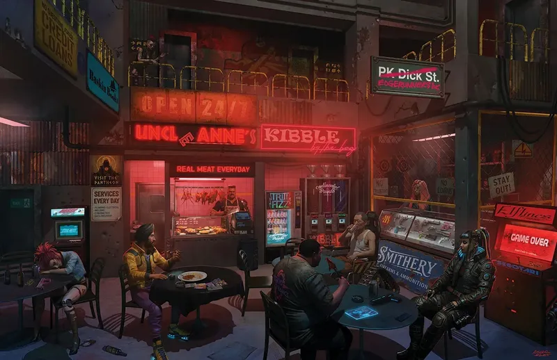 A bustling cyberpunk diner scene features a neon-lit establishment named "Kibble" with a sign reading "REAL MEAT EVERYDAY." In the foreground, three characters sit around a table, one eating while another appears to be engaged in conversation, with a plate of food in front of them. The background showcases various vending machines and a display of firearms, emphasizing the gritty, urban atmosphere typical of Night City.