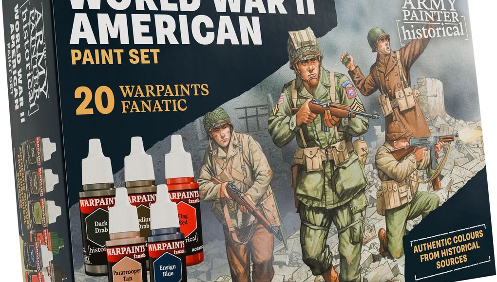 A paint set titled "World War II American Paint Set" features a box design showcasing three American soldiers in historical uniforms, set against a backdrop of crumbling walls. The box includes five paint bottles prominently labeled "WARPAINTS FANATIC," with colors such as "Dark Drab," "Medium Drab," "Paratrooper Tan," "Tang Red," and "Ensign Blue." The text emphasizes "20 WARPAINTS FANATIC" and "AUTHENTIC COLOURS FROM HISTORICAL SOURCES," highlighting the set's focus on historical accuracy.