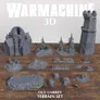 A collection of 3D printed terrain pieces from the Warmachine "Old Umbrey Terrain Set" is displayed on a wooden surface. The set includes a large, intricately designed building with pointed towers, a tall stone tower, and several smaller terrain elements like rocky outcrops, trees, and fences. Various bases and scatter terrain pieces are arranged around the central structures, showcasing a mix of natural and architectural features, all in a gray color. A pair of dice is also visible in the foreground.