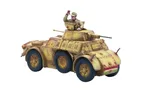 A detailed model of a military vehicle, featuring a tan and brown camouflage pattern with weathering effects. The vehicle has large, rugged wheels and is equipped with two visible cannons on the turret. A figure of a soldier in a uniform and cap is positioned on top, waving, adding a dynamic element to the scene.