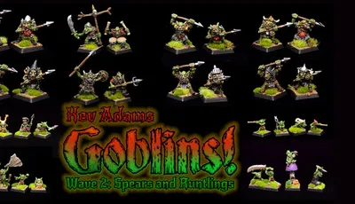The image showcases a collection of dynamic goblin miniatures sculpted by Kev Adams, arranged on a dark background. There are 17 goblins prominently displayed, including a leader and a command group, all equipped with various weapons like spears and axes, along with 12 spearmen. Additionally, several runtlings are featured at the bottom, each with unique poses and expressions, highlighting their character and charm. The text "Kev Adams Goblins! Wave 2: Spears and Runtlings" is artistically integrated into the design, emphasizing the theme of the Kickstarter campaign.