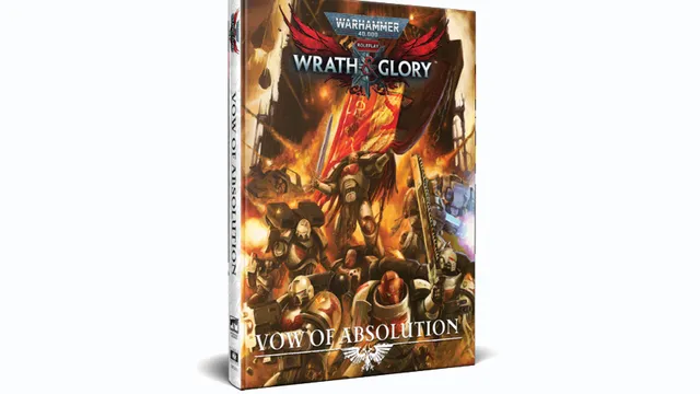 A visually striking cover for the supplement "Vow of Absolution" for Warhammer 40,000 Roleplay: Wrath & Glory. The artwork features a dynamic scene with several Space Marines in ornate armor, engaged in battle amidst a backdrop of chaos and destruction. The title "VOW OF ABSOLUTION" is prominently displayed at the bottom, with the "WRATH & GLORY" logo at the top, surrounded by dramatic colors and intense imagery that captures the essence of the Warhammer 40,000 universe.