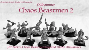 A collection of ten hand-sculpted beastmen miniatures is displayed, showcasing a variety of bizarre mutations, including hooves, tentacles, and horns. Each figure is cast in white metal and features unique weapons and minimal armor, emphasizing their grotesque designs. The text "Oldhammer Chaos Beastmen 2" is prominently featured, along with a subtitle indicating they are inspired by 28mm miniatures.