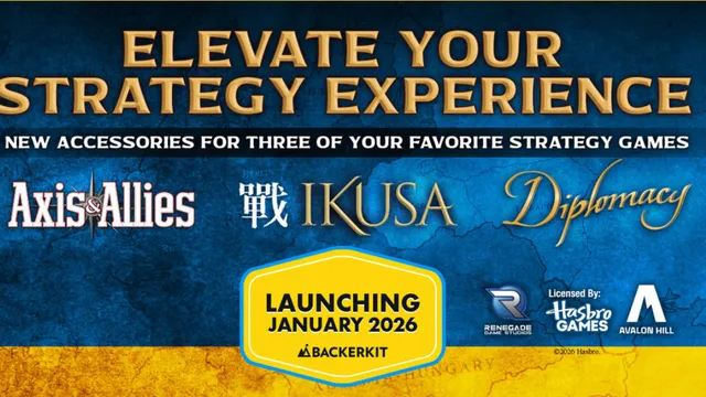 A promotional graphic features the text "ELEVATE YOUR STRATEGY EXPERIENCE" in bold, gold lettering against a textured blue background. Below, the names of three strategy games—"Axis and Allies," "IKUSA," and "Diplomacy"—are displayed in white and gold fonts. A yellow badge at the bottom reads "LAUNCHING JANUARY 2026" with the Backerkit logo, indicating the upcoming campaign for game accessories.
