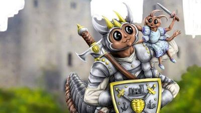 A whimsical illustration features a large, anthropomorphic creature resembling a knight, complete with armor and a crown, holding a shield adorned with a castle emblem. Perched on its shoulder is a smaller creature dressed in blue, while a tiny dragon-like figure stands beside them, also in armor. The background showcases a blurred castle and green grass, creating a playful and fantastical atmosphere.