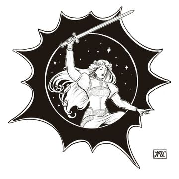A dynamic black and white illustration features a heroic female figure wielding a sword, poised in an action stance. She has long flowing hair and is adorned in a detailed outfit, with intricate designs visible on her sleeves and waist. The background includes a circular motif filled with stars, surrounded by a jagged, starburst-like outline, enhancing the sense of movement and energy in the scene.