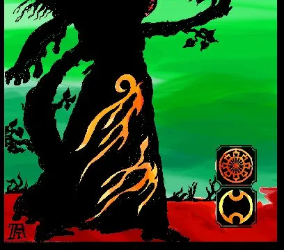 A silhouetted figure, possibly a mage, stands with arms raised against a vibrant gradient background of green and yellow. The figure is adorned with flowing robes featuring flame-like designs, and a dragon-like creature spirals above. In the lower right corner, there are two symbols, one circular and one resembling a stylized flame, adding to the mystical theme.