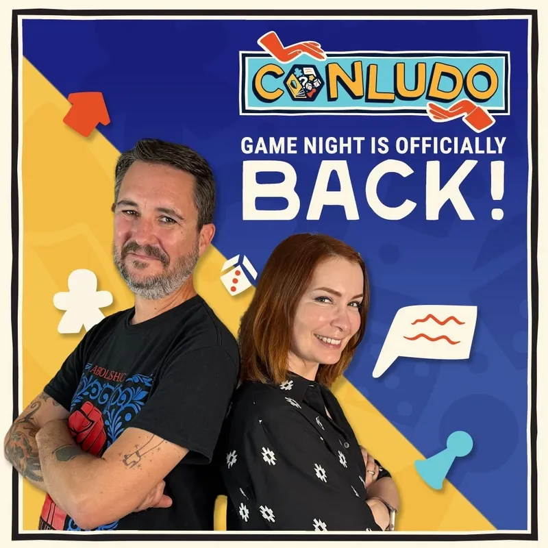 Felicia Day and Wil Wheaton with "CONLUDO GAME NIGHT IS OFFICIALLY BACK!" and game icons.