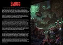 Dark underwater city with glowing green lights, submarine, and armored figures. Text: SMOGG