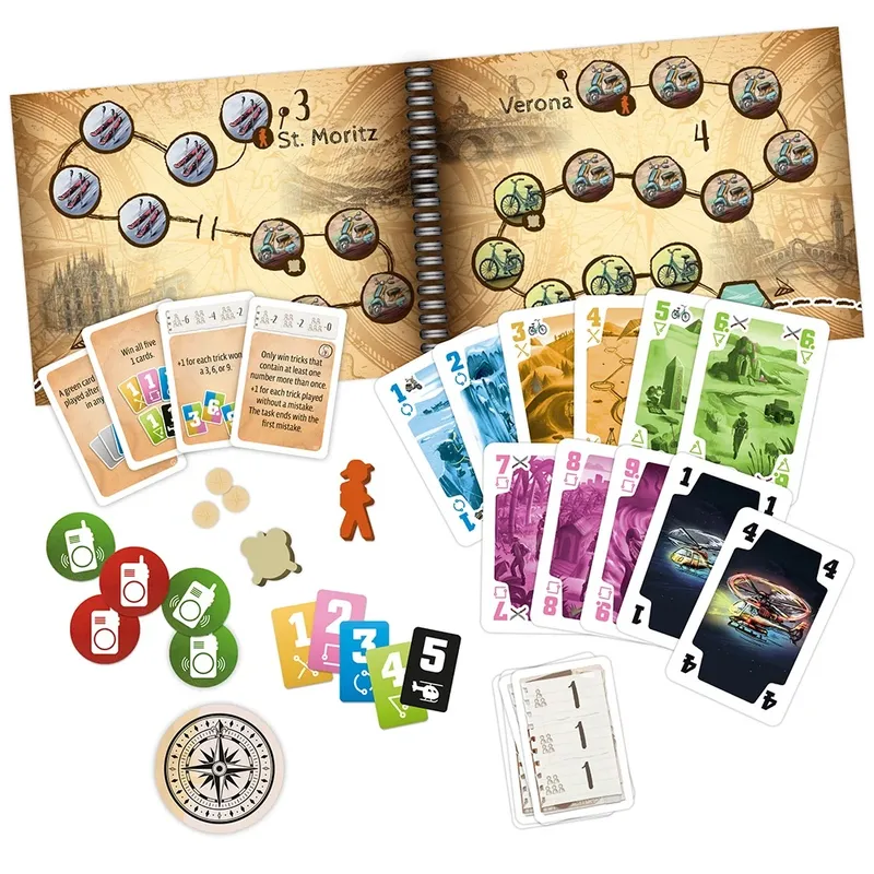 Open book with maps, cards, tokens, and a compass.