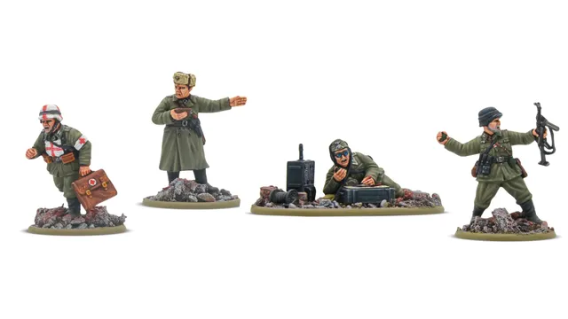 Three 28mm scale miniatures are displayed, featuring a Soviet commander in a long coat gesturing, a soldier crouched beside a radio, and another soldier lying on the ground, focused on a device. The miniatures are set on bases with rocky terrain, showcasing detailed sculpting and paintwork. Each figure represents different roles within a military context, emphasizing their unique poses and equipment.