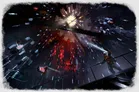 Futuristic cityscape with glowing red lights and a bright explosion in the center.
