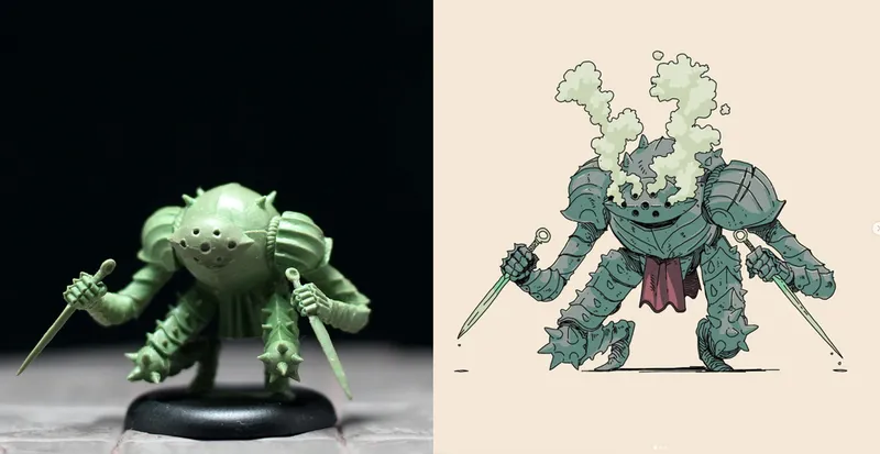 A detailed illustration features a unique armored figure with a bulbous head emitting greenish smoke, suggesting a mystical or toxic presence. The character wields two swords, one in each hand, and is adorned with spiked armor and a flowing red cloth. The background is a simple light color, emphasizing the character's distinctive design and features.