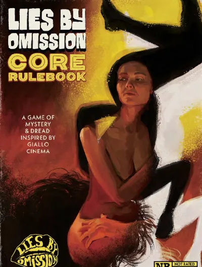 Woman with long dark hair wearing a black leather outfit and holding a knife in her right hand. She is seated in a dimly lit, red-toned interior, possibly a car. The background is blurred, with indistinct shapes suggesting another person and interior elements.

Visible text:
- At the top: "UMISSI ON CORE RULEBOOK"
- Below: "A GAME OF MYSTERY & DREAD INSPIRED BY GIALLO CINEMA"
- At the bottom left: "YSB" (partially visible)
