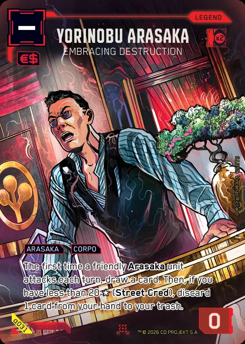 A trading card featuring Yorino Arasaka, depicted with a shocked expression, wearing a black vest over a blue striped shirt. The background includes elements of a luxurious interior, with red curtains and a decorative plant. The card is labeled "YORINOBU ARASAKA" and "EMBRACING DESTRUCTION," with a "LEGEND" designation and a currency symbol in the corner.