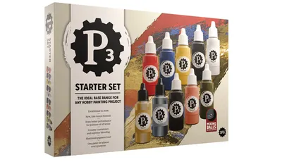 A box for the P3 Starter Set features a bold design with the P3 logo prominently displayed. The packaging showcases ten 18 ml dropper bottles of paint, including eight rich acrylics and two metallics, arranged in a visually appealing manner. Text on the box highlights the set as the ideal base range for hobby painting projects, emphasizing its creamy consistency, superior blending, and maximum pigment load.