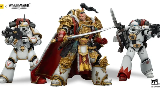 A detailed action figure of Jaghatai Khan stands on the right, adorned in ornate armor with intricate gold detailing, holding a sword. To the left, a Tactical Marine in Mk III power armor is posed with a firearm, featuring a skull motif and a red backpack. Both figures are set against a simple background, showcasing their impressive craftsmanship and articulation.