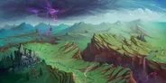A stormy, mountainous landscape with jagged peaks under dark clouds. Purple lightning strikes near the center. A ruined castle with crumbling towers and walls sits in a green valley, surrounded by scattered trees and debris. A winding road cuts through the terrain.