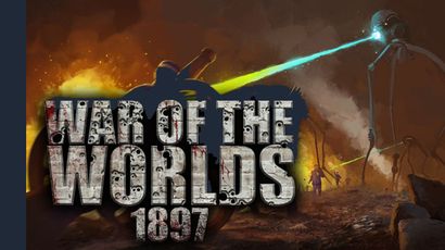 The image features a dramatic scene from "War of the Worlds 1897," showcasing a Martian tripod with a glowing blue beam aimed at a human figure in a desolate landscape. The background is filled with fiery hues, suggesting chaos and destruction. The title "WAR OF THE WORLDS 1897" is prominently displayed at the bottom in a bold, textured font, enhancing the game's thematic intensity. The overall atmosphere conveys a sense of peril and urgency, reflecting the narrative-driven survival RPG concept.