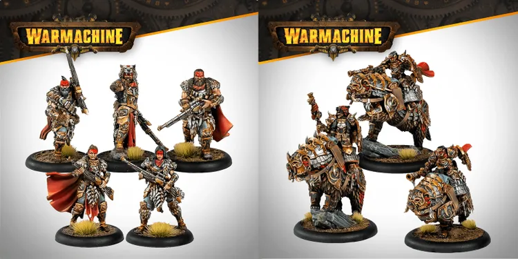 A group of five detailed miniatures from the Khador Old Umbrey Auxiliary Expansion for Warmachine is displayed. On the left, four figures are shown: two elite snipers, Liegemen Hunters, equipped with rifles, and two additional warriors in rugged armor, one wearing a distinctive red cape. On the right, a mounted figure rides a large, armored beast, showcasing intricate designs and a fierce expression. The overall color palette features earthy tones with accents of red and metallic details.