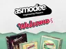 Asmodee logo, "Welcome S" text, three game boxes: Welcome to the Moon, Welcome to Your Perfect Home.