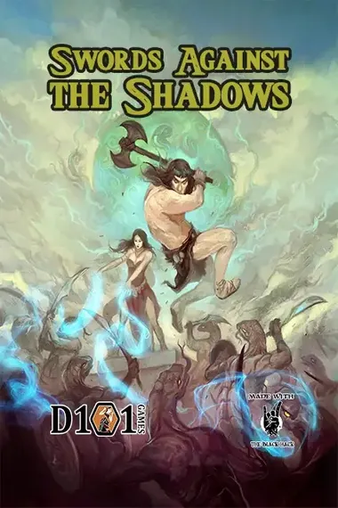 Two figures fight demons, glowing blue energy, D101 Games and The Black Hack logos visible.