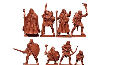 A collection of eight fantasy miniatures is displayed, sculpted in a reddish-brown material. The figures include a male wizard with a staff, a male cleric, a male fighter, a male half-elf thief, a male elf ranger, a male halfling thief, and a male human henchman, all depicted in dynamic poses. Each miniature is designed to be 28mm in scale, showcasing a variety of armor and weapons, suitable for a typical fantasy RPG party.