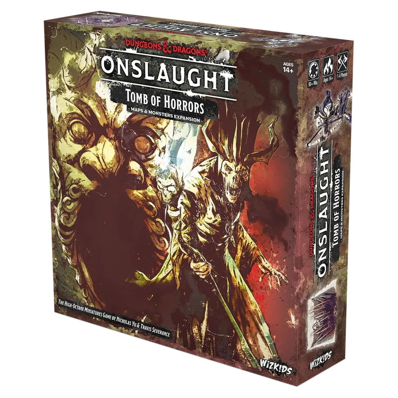 A box for the "Dungeons & Dragons Onslaught: Tomb of Horrors - Maps & Monsters Expansion" features dramatic artwork depicting a menacing demilich and various monstrous figures. The box is predominantly dark with splashes of color, showcasing intricate details of the characters and elements from the dungeon. The title "ONSLAUGHT" is prominently displayed at the top, along with the subtitle and branding for Wizkids.