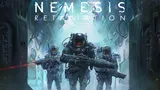 Three figures in futuristic space suits and helmets walk through a dimly lit, industrial corridor with exposed pipes and wiring. Each holds a large firearm. The central figure is slightly ahead, aiming their weapon forward. A red laser sight is visible. The background features a large archway with glowing blue and purple lighting. Above them, the text "NEMESIS RETALIATION" is prominently displayed in white capital letters. In the bottom right corner, the Awaken Realms logo is visible.