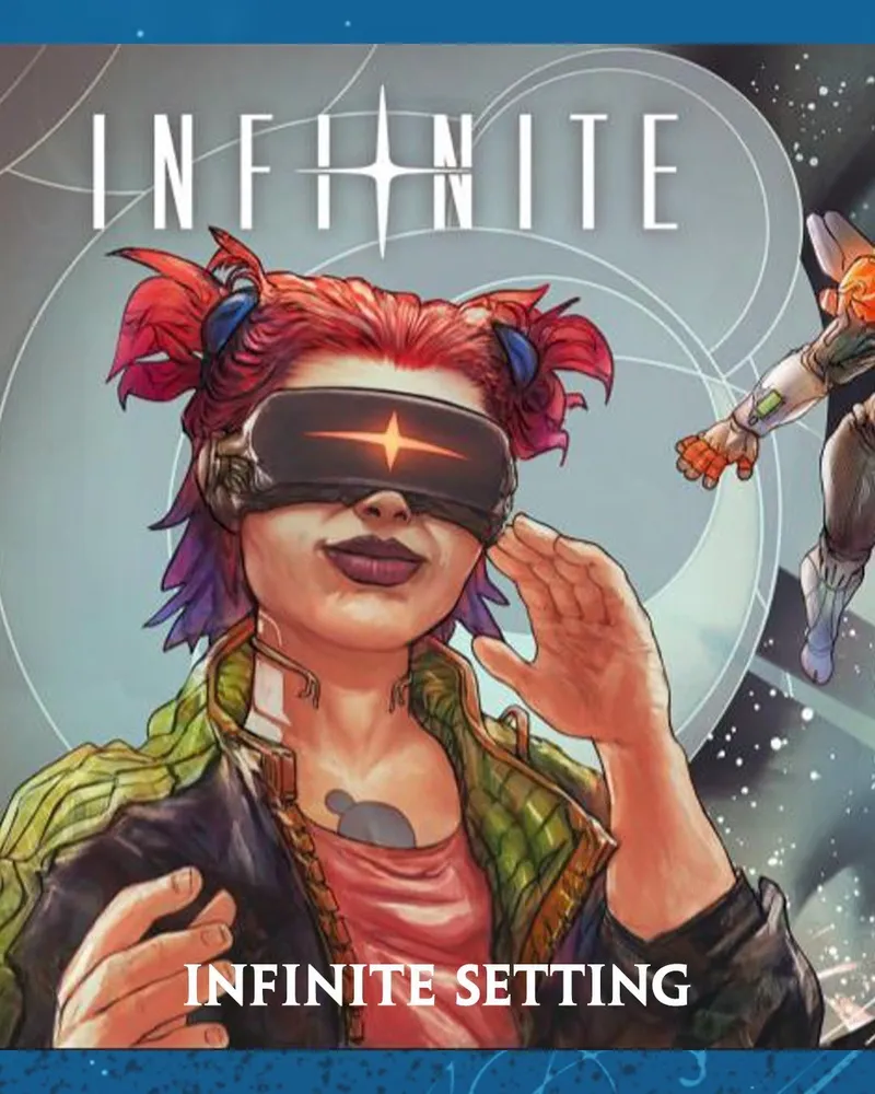 Woman with red hair, VR headset, green jacket, text "INFINITE" and "INFINITE SETTING"