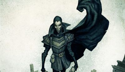 A tall, skeletal figure stands menacingly in a graveyard, wearing dark, tattered clothing and a hooded cloak. The character has a gaunt face with exaggerated features, including sharp cheekbones and a wide, sinister grin. In the background, weathered gravestones are partially obscured by mist, enhancing the eerie atmosphere of the scene.