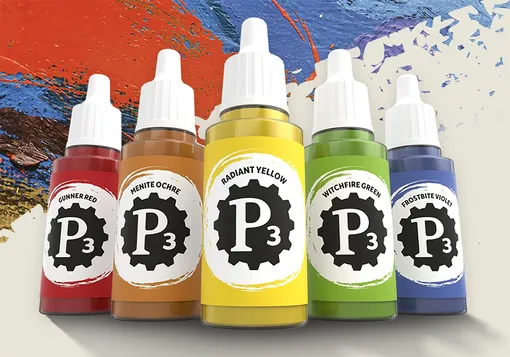 Four bottles of P3 Paints are prominently displayed against a colorful, textured background. The bottles include Menite Ochre, Radiant Yellow, Witchfire Green, and Frostbite Violet, each featuring a distinctive label with the P3 logo. The vibrant colors of the paints contrast with the dynamic splashes of paint in the background, highlighting the artistic theme of the image.