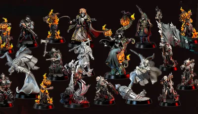 A collection of ten intricately designed miniatures from the Weird War I series is displayed against a dark background. The figures include a mix of undead and fantastical characters, such as a pumpkin-headed figure, a skeletal warrior, and a witch, all featuring dynamic poses and detailed sculpting. Each miniature showcases unique elements like flowing robes, weapons, and flame effects, emphasizing their dark fantasy theme, with the text "OCTOBER 2025" prominently featured at the top.