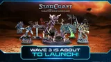 Six miniature figures on a tabletop: a purple Zerg creature with wings and claws, a Terran soldier with a gun, a green Zerg figure, a Terran ghost in white armor, a Protoss warrior with a sword, and a Protoss commander with a staff.