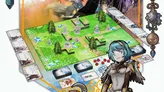 A vibrant tabletop scene features a green game board with a grid layout, populated by dynamic 40mm scale miniatures representing anime-style heroes and various terrain elements like trees and crystals. In the foreground, a character with blue hair and armor stands confidently, while nearby, cards and dice are arranged, indicating gameplay mechanics. The background showcases detailed artwork, enhancing the fantasy theme of the game.