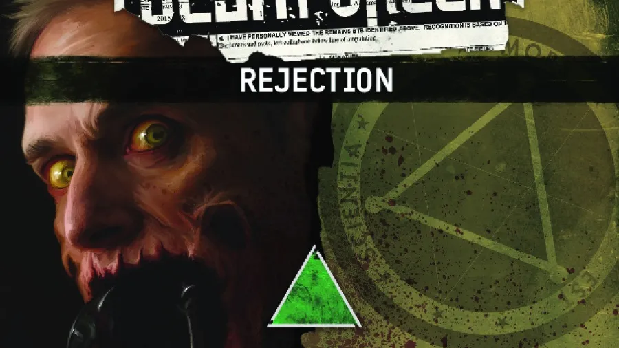 Man with yellow eyes, black headband, text "REJECTION" and green triangle.