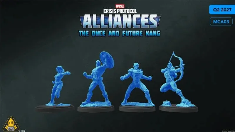 Four blue push-fit miniatures from the Marvel: Crisis Protocol Alliances game are displayed against a dark background. The figures include a female character in a dynamic pose, a male character holding a shield, another male character in a standing pose, and a character with a bow and arrow, all showcasing detailed features. The title "ALLIANCES" and "THE ONCE AND FUTURE KANG" are prominently featured above the miniatures, indicating the game's release in the second quarter of 2027.