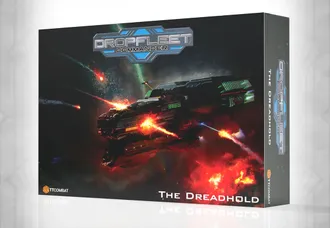 A dramatic cover for the "Dropfleet Commander: The Dreadhold" starter set features a large, heavily armed spaceship amidst a backdrop of vibrant cosmic colors and explosive effects. The ship is detailed with glowing lights and weaponry, suggesting intense action, while the title "The Dreadhold" is prominently displayed at the bottom. The TTCombat logo is visible in the lower left corner, indicating the publisher.