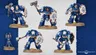 Five Space Marine Assault Terminators are displayed, each wearing iconic blue power armor and equipped with various weapons, including thunder hammers and storm shields. The miniatures feature detailed designs, with some having unique head options and tilting plates adorned with purity seals and badges. The background is a subtle gradient, enhancing the focus on the intricately crafted models.