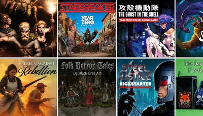 Top left: STARBREAKER, YEAR ZERO ENGINE, street scene with armed figures.
Top right: THE GHOST IN THE SHELL, woman with blue hair and cybernetic body.
Bottom left: Folk Horror Tales, miniatures of robed figures.
Bottom right: STEEL