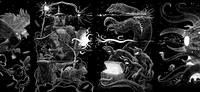 Fantasy battle: armored figures, monsters, treasure chest, and tentacled creature in dark setting.