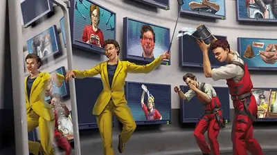 PARANOIA ALGORITHMIC LOYALTY, people in yellow and red suits, screens with faces, selfie stick.
