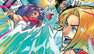 A colorful comic book cover features the title "MARVEL RIVALS TIMESTREAM ADVENTURE" prominently at the top. In the center, a large, cartoonish shark with an open mouth and sharp teeth looms over characters including Psylocke and Jeff the Land Shark, who are depicted in dynamic poses, expressing surprise or determination. The background is vibrant with pink and blue hues, adding to the energetic feel of the scene.