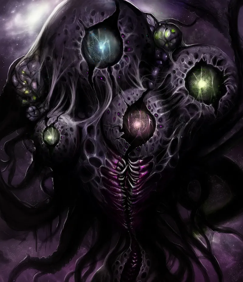 Dark cosmic entity with glowing orbs and tentacles against a starry background.