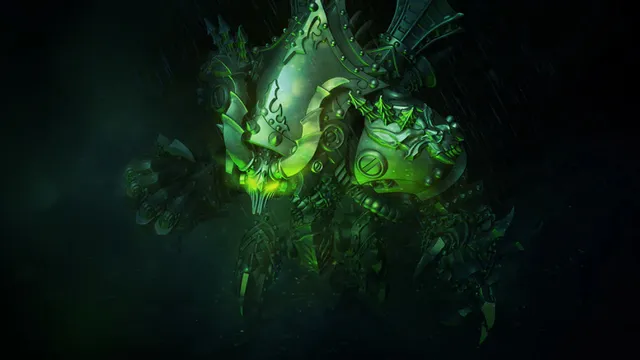 A towering 80mm warjack named Deathjack, characterized by its dark, menacing design, stands prominently in the image. Its body is adorned with spikes and skulls, featuring glowing green accents that enhance its intimidating presence. The background is dark and atmospheric, suggesting a foreboding environment fitting for this soul-hungry terror.