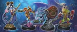 A vibrant underwater scene features four intricately designed miniatures from the game DeepWars. On the left, a mermaid with a flowing tail and a trident stands poised, while next to her, a steampunk diver in ornate armor brandishes a weapon. The third figure is a tentacled creature wielding a harpoon, and on the far right, a colorful, armored being with a shell-like back holds a spear. The background showcases a fantastical underwater landscape filled with swirling colors and marine elements.