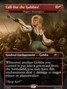 A fantasy card titled "Call Out the Goblins!" under Boggart Shenanigans. A woman with blonde hair, green pants, and a white shirt stands in a battle pose, holding a staff, surrounded by goblins in helmets and armor.
